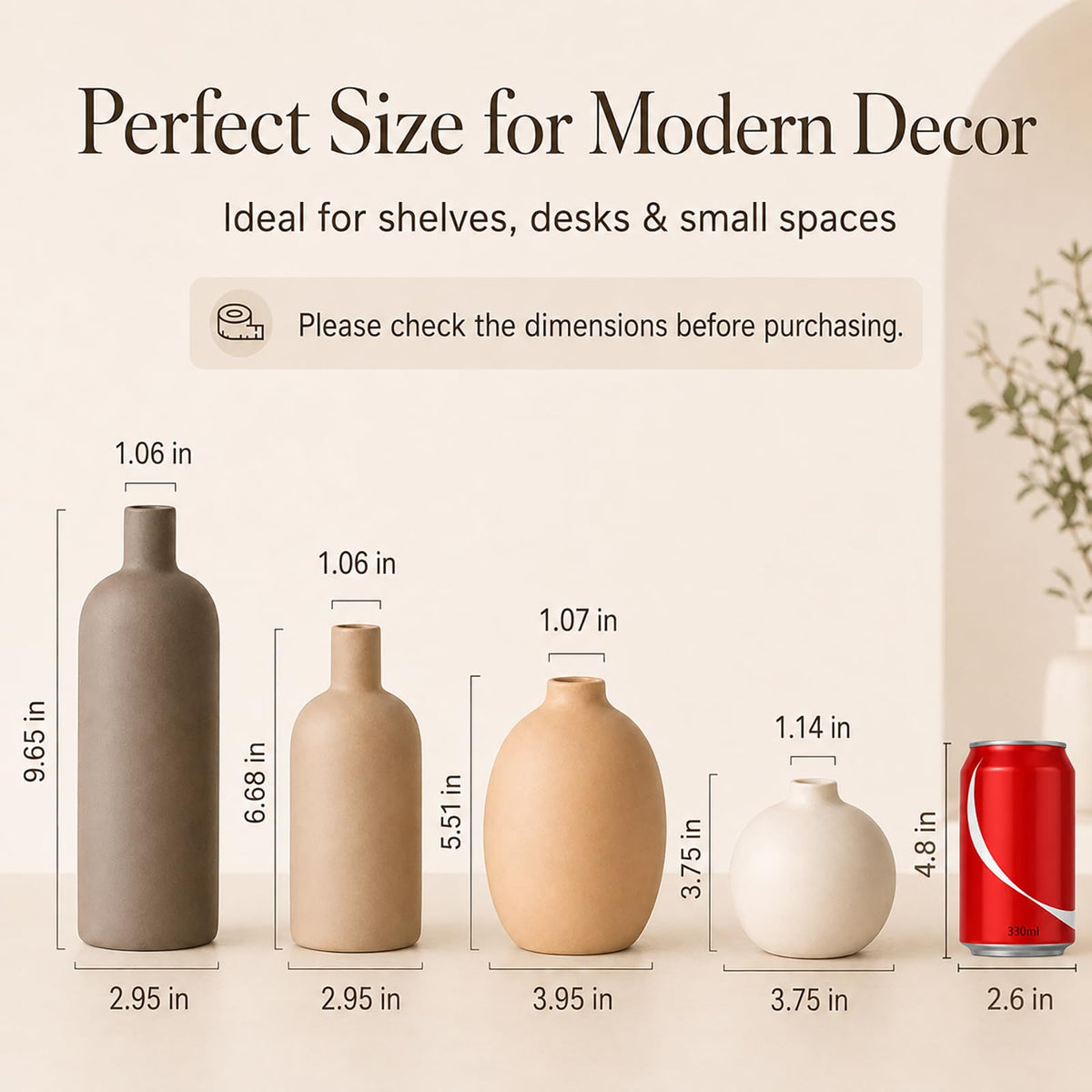 Ceramic Vase Set of 4 – Handmade Modern Minimalist Vases for Dried or Fresh Flowers, Matte Decorative Neutral Vases for Living Room, Table, Shelf & Entryway