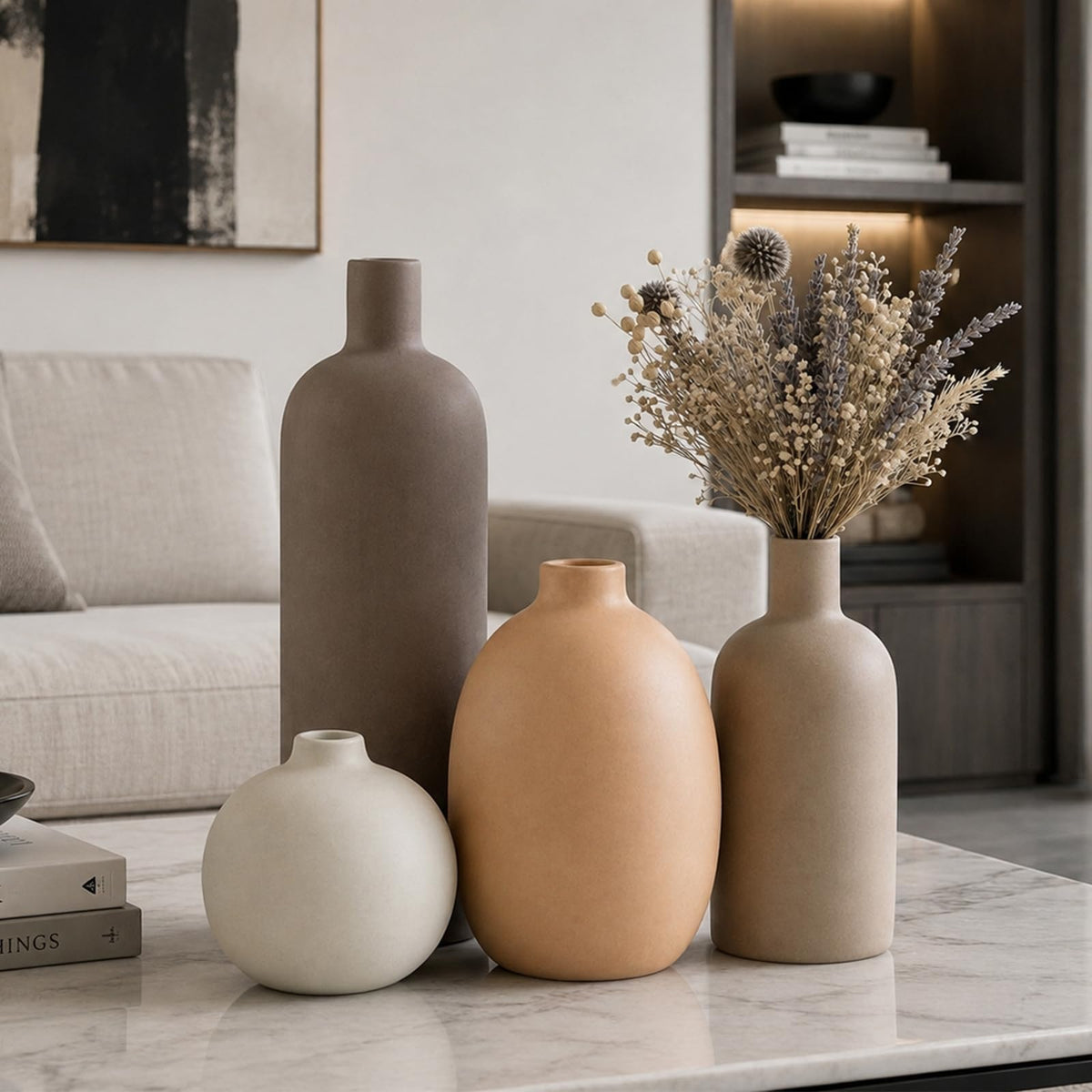 Ceramic Vase Set of 4 – Handmade Modern Minimalist Vases for Dried or Fresh Flowers, Matte Decorative Neutral Vases for Living Room, Table, Shelf & Entryway