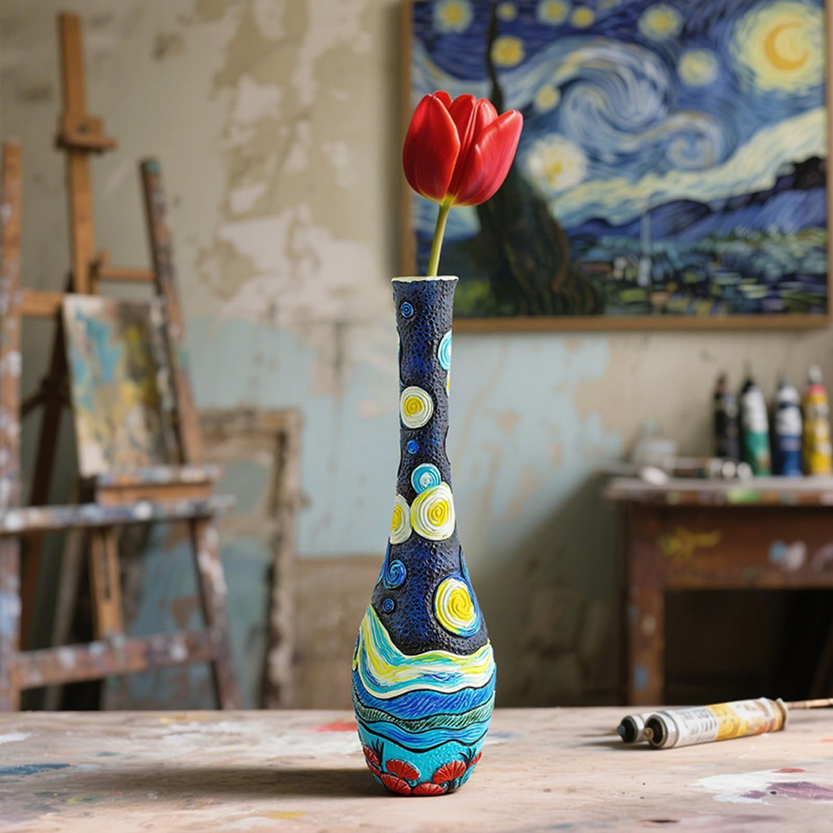 U WONDERFUL Starry Night Flower Vase Set of 2-Vases for Centerpieces & Home Decor, Handmade Boho Farmhouse Decor with Unique Hand-Painted Design,Artisan Vases for Kitchen,Bedroom, Office Table Decor