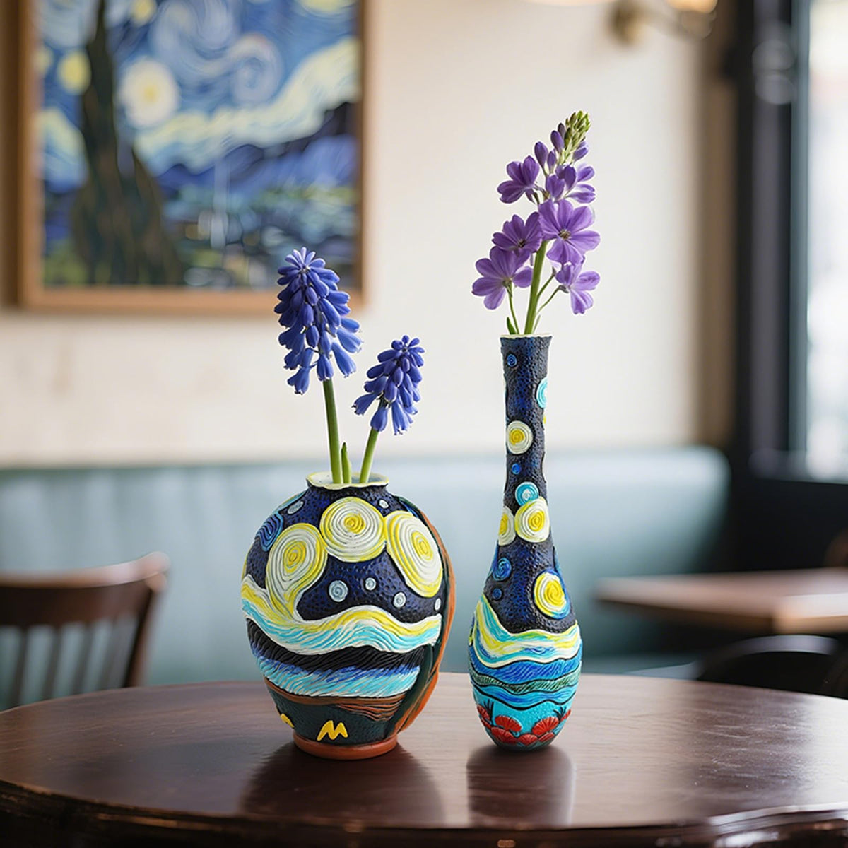 U WONDERFUL Starry Night Flower Vase Set of 2-Vases for Centerpieces & Home Decor, Handmade Boho Farmhouse Decor with Unique Hand-Painted Design,Artisan Vases for Kitchen,Bedroom, Office Table Decor
