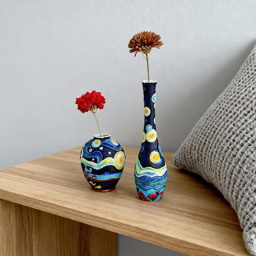 U WONDERFUL Starry Night Flower Vase Set of 2-Vases for Centerpieces & Home Decor, Handmade Boho Farmhouse Decor with Unique Hand-Painted Design,Artisan Vases for Kitchen,Bedroom, Office Table Decor