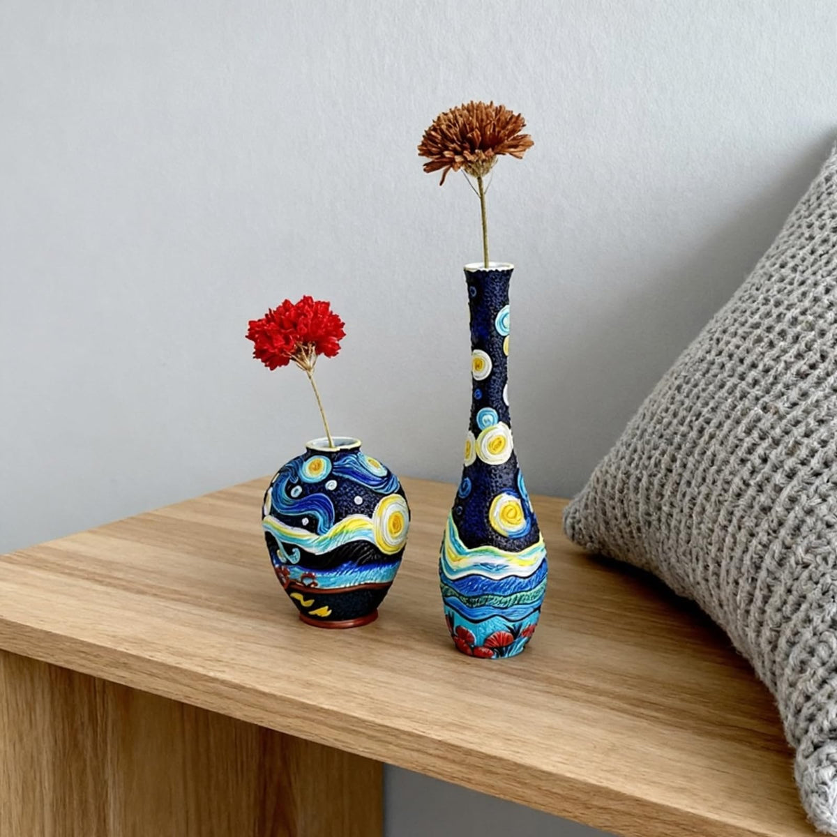 U WONDERFUL Starry Night Flower Vase Set of 2-Vases for Centerpieces & Home Decor, Handmade Boho Farmhouse Decor with Unique Hand-Painted Design,Artisan Vases for Kitchen,Bedroom, Office Table Decor