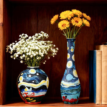 U WONDERFUL Starry Night Flower Vase Set of 2-Vases for Centerpieces & Home Decor, Handmade Boho Farmhouse Decor with Unique Hand-Painted Design,Artisan Vases for Kitchen,Bedroom, Office Table Decor