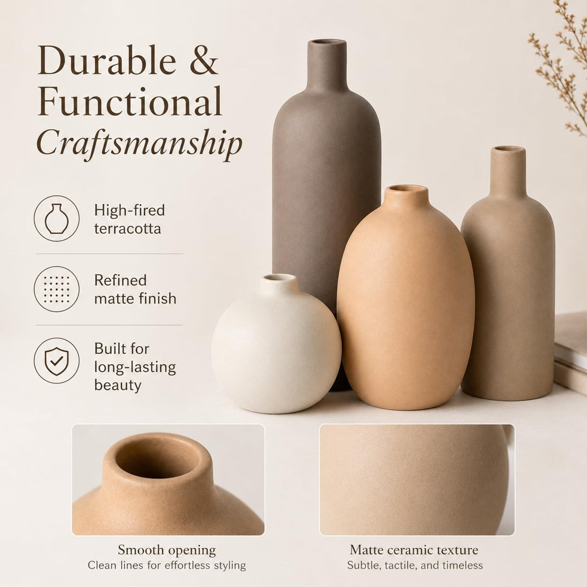 Ceramic Vase Set of 4 – Handmade Modern Minimalist Vases for Dried or Fresh Flowers, Matte Decorative Neutral Vases for Living Room, Table, Shelf & Entryway